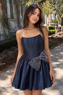 Navy Blue Strapless A-Line Satin Mini Corset Homecoming Dress With Bow - KISSPROM