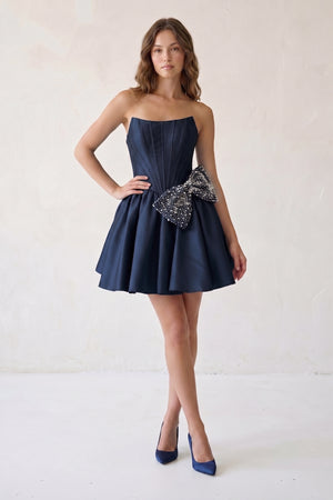 Navy Blue Strapless A-Line Satin Mini Corset Homecoming Dress With Bow - KISSPROM