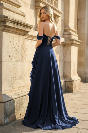 Navy Blue Off The Shoulder A Line Chiffon Pleated Long Prom Dresses With Slit - KissProm