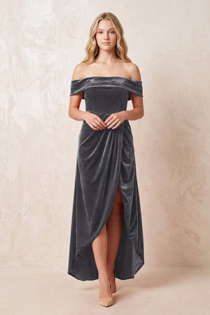 Neptune Off-the-Shoulder Sheath Velvet Midi Bridesmaid Dress - KISSPROM