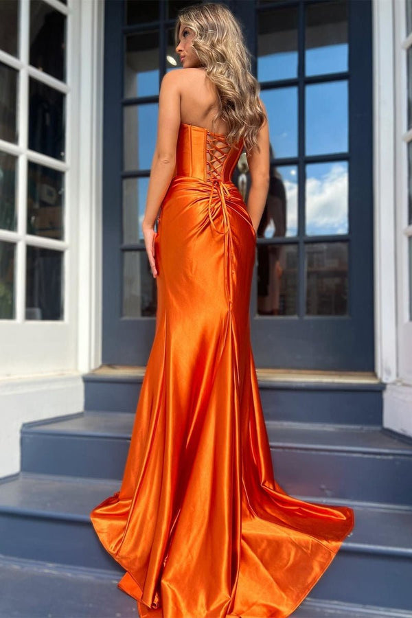 Nadia |Mermaid Strapless Satin Long Prom Dress With Slit