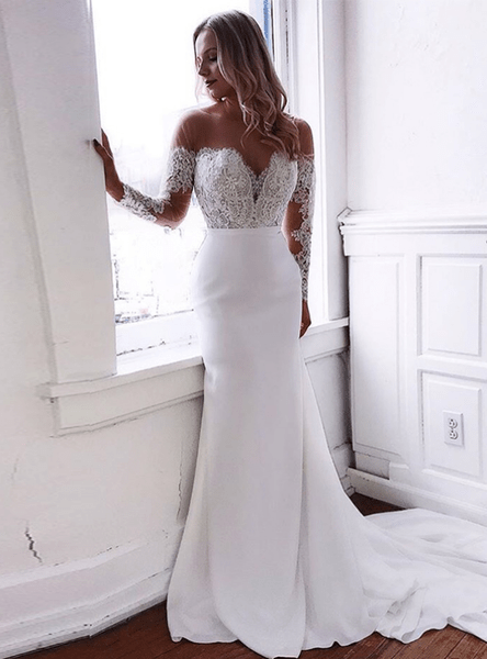 Mermaid Lace Long Sleeves Wedding Dresses With Appliques, Diamond White / 2