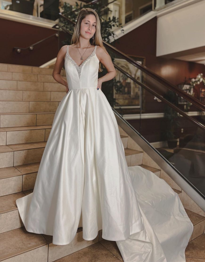 Birdie | Noble A-line V-Neck Chapel Train Satin Wedding Dress With Beading