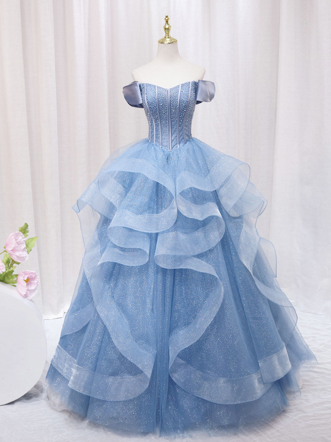 A-Line Blue Tulle Long Prom Dress, Blue Sweet Dress