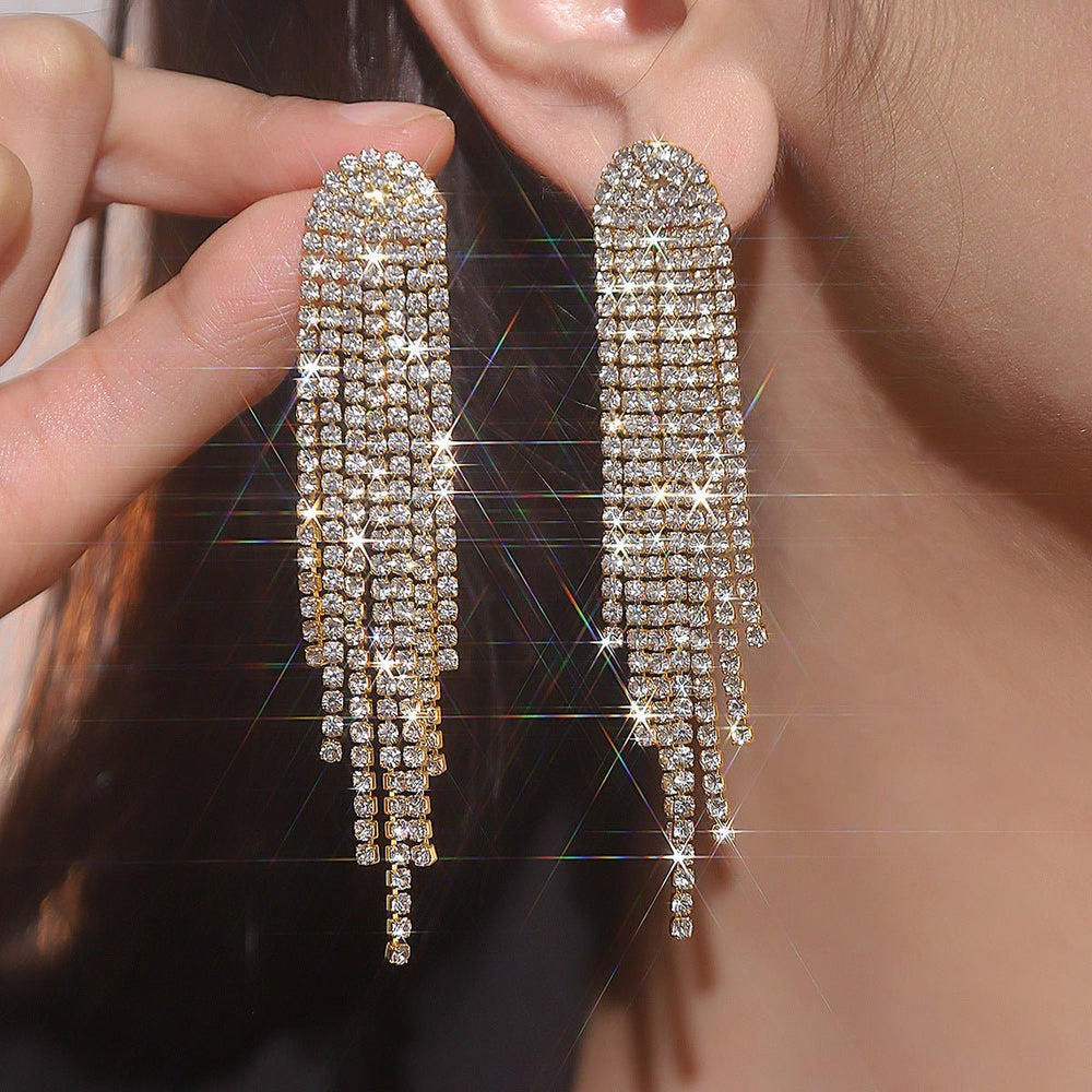 Tassel Gold Small Circle Long Earrings with Rhinestones - KissProm
