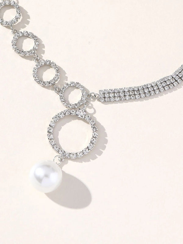 Silver Simple Rhinestones Pearl Asymmetrical Necklace - KissProm