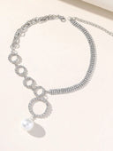 Silver Simple Rhinestones Pearl Asymmetrical Necklace - KissProm