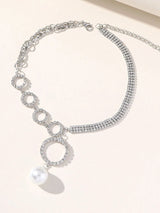 Silver Simple Rhinestones Pearl Asymmetrical Necklace - KissProm