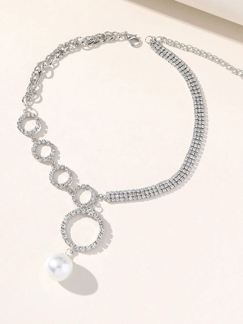 Silver Simple Rhinestones Pearl Asymmetrical Necklace - KissProm