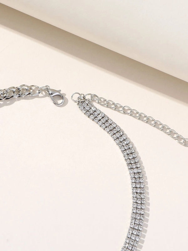 Silver Simple Rhinestones Pearl Asymmetrical Necklace - KissProm