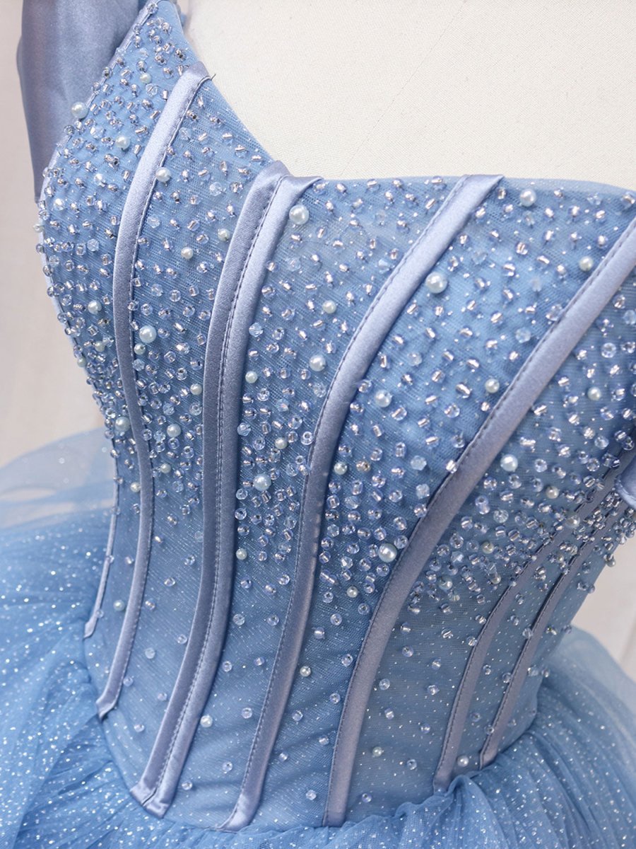 Elegant Blue Tulle Lace Ball Gown Formal A Line Quinceanera Dress Y7797