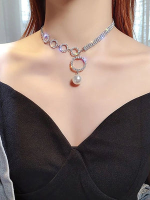 Silver Simple Rhinestones Pearl Asymmetrical Necklace - KissProm
