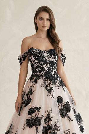 Off the Shoulder Tulle Long Wedding Dress with Black Appliques – Wedding Dresses by KissProm | Available at KissProm