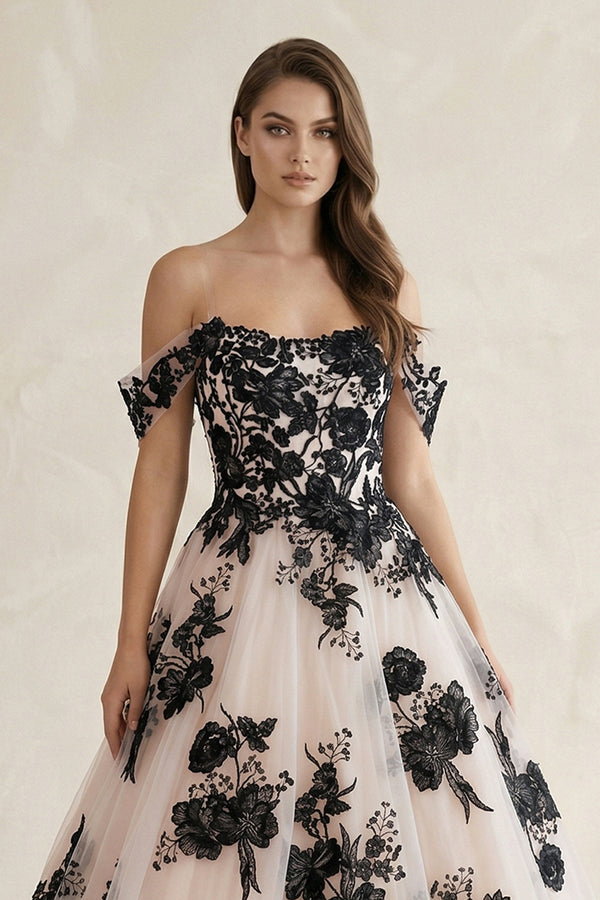 Off the Shoulder Tulle Long Wedding Dress with Black Appliques – Wedding Dresses by KissProm | Available at KissProm