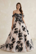 Off the Shoulder Tulle Long Wedding Dress with Black Appliques – Wedding Dresses by KissProm | Available at KissProm