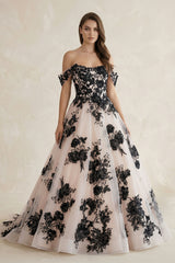 Off the Shoulder Tulle Long Wedding Dress with Black Appliques – Wedding Dresses by KissProm | Available at KissProm