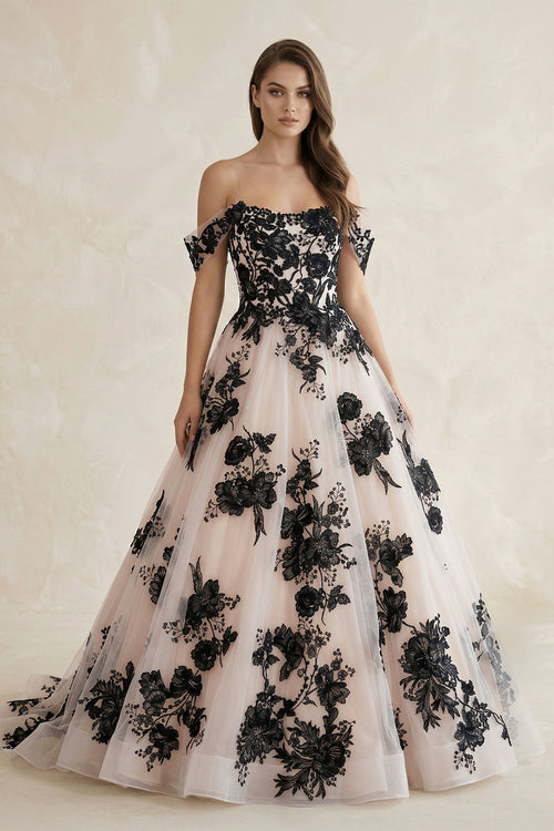 Off the Shoulder Tulle Long Wedding Dress with Black Appliques – Wedding Dresses by KissProm | Available at KissProm
