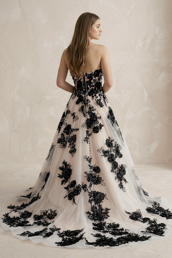 Off the Shoulder Tulle Long Wedding Dress with Black Appliques – Wedding Dresses by KissProm | Available at KissProm