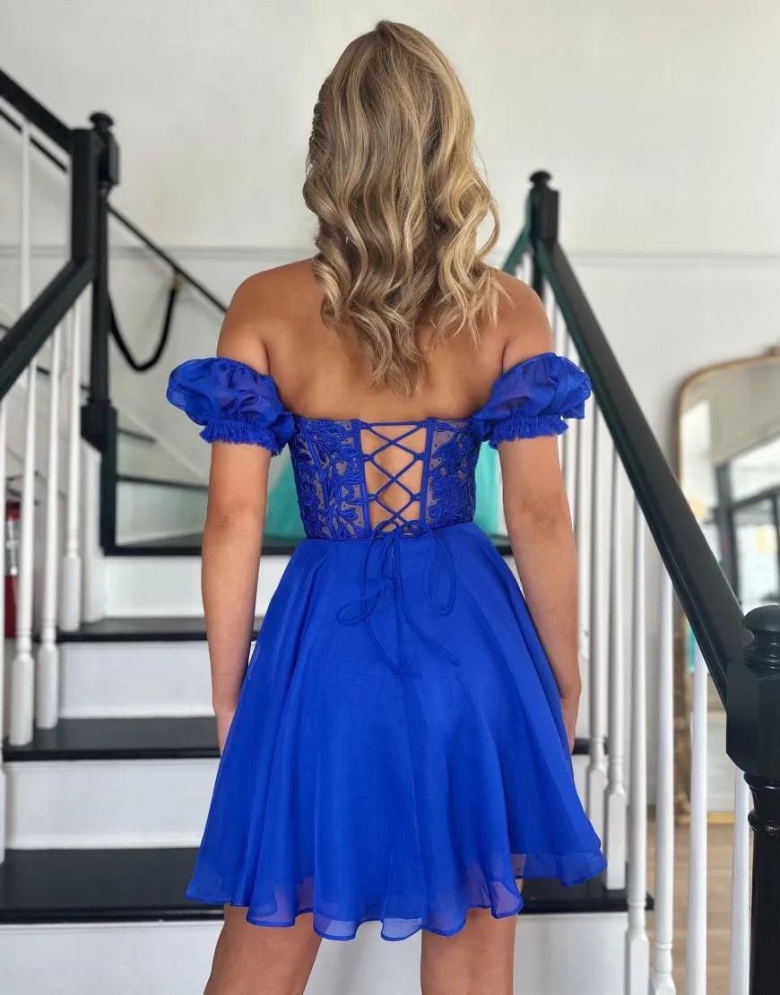 Lavinia |A Line Lace Off the Shoulder Homecoming Dress with Appliques