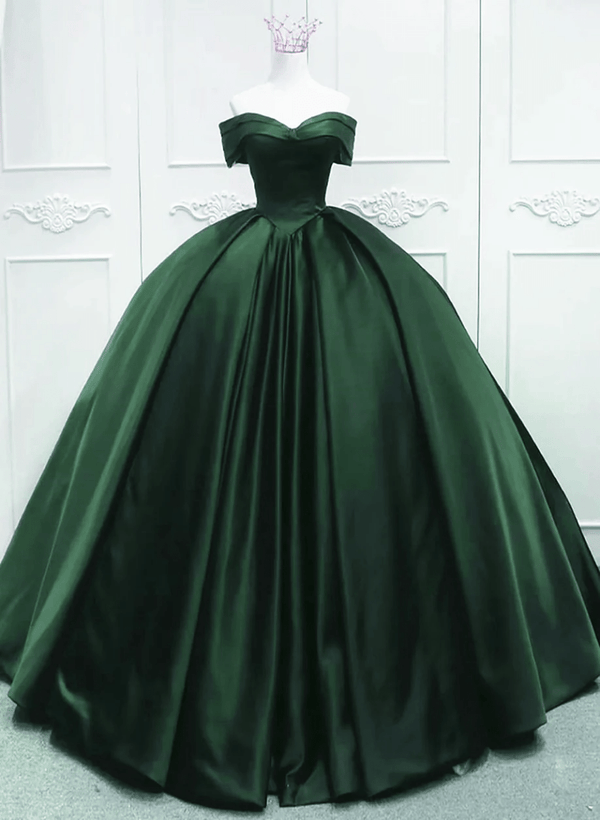 Off the Shoulder Ball Gown Dark Green Satin Quinceanera Dresses