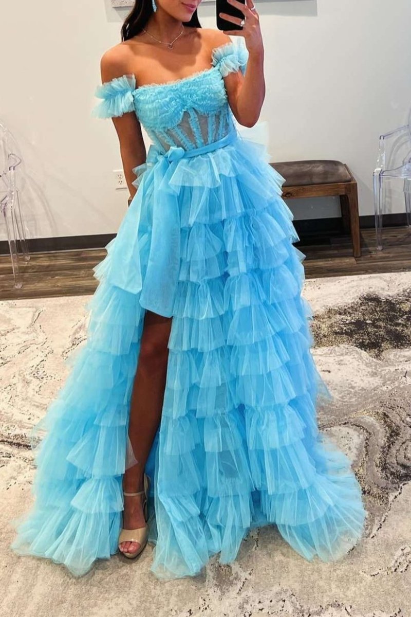 Adalynn | Royal Blue Off the Shoulder Ruffle Tiered Tulle Long Prom Dresses with Slit
