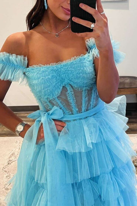 Mckail | Blue Floral Lace Off-the-Shoulder Ruffle Long Prom Dress