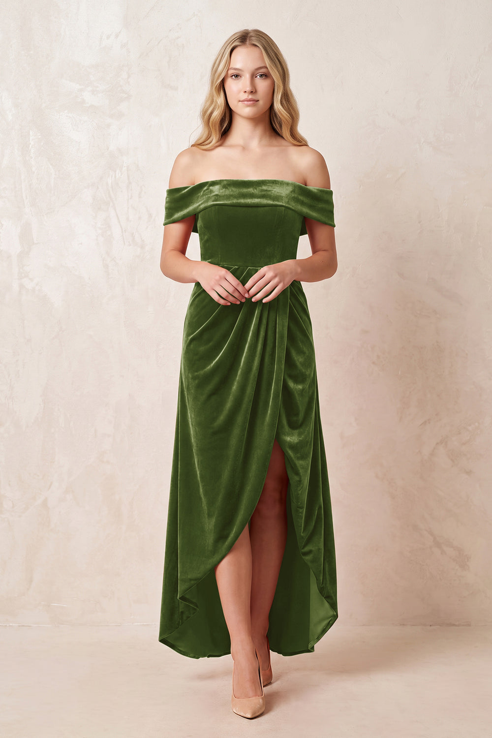 Olive Off-the-Shoulder Sheath Velvet Midi Bridesmaid Dress - KISSPROM