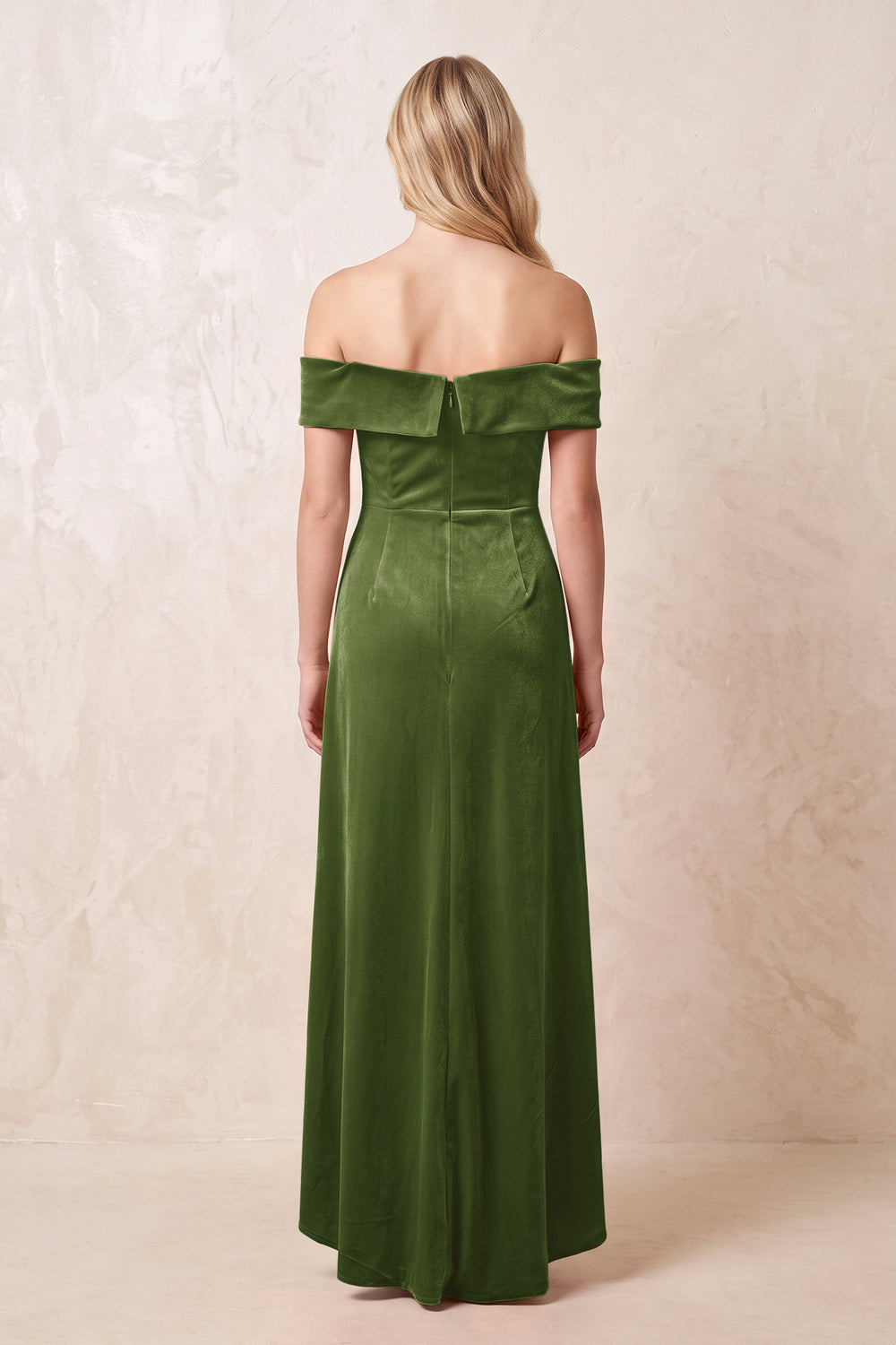 Olive Off-the-Shoulder Sheath Velvet Midi Bridesmaid Dress - KISSPROM