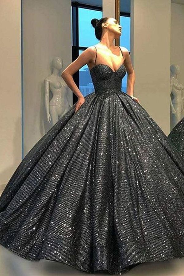 KissProm Sweetheart Spaghetti Straps Sequins Ball Gown Black Sparkly Prom Dresses, Black / 10