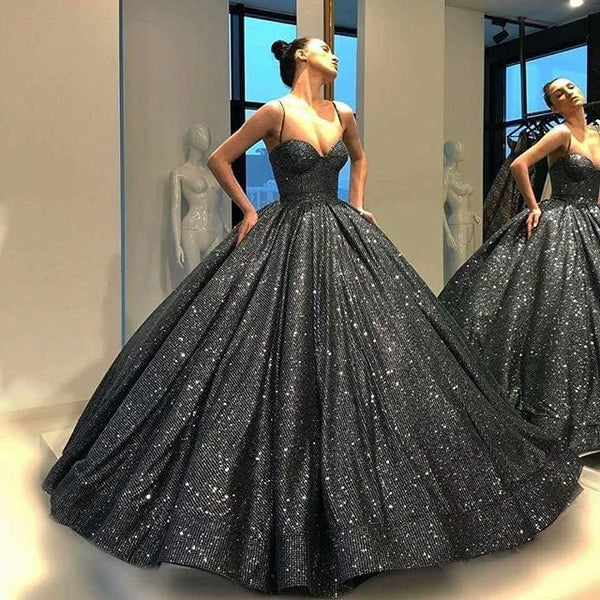 Sweetheart Spaghetti Straps Sequins Ball Gown Black Sparkly Prom Dresses - KissProm