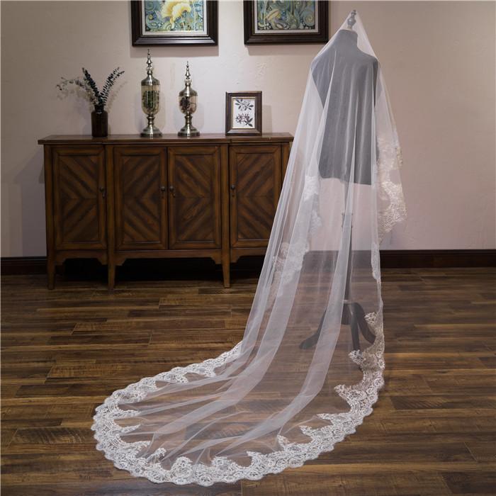 Vintage One - Tier Tulle Lace Edge Chapel Veils Appliques Wedding Veil - KissProm