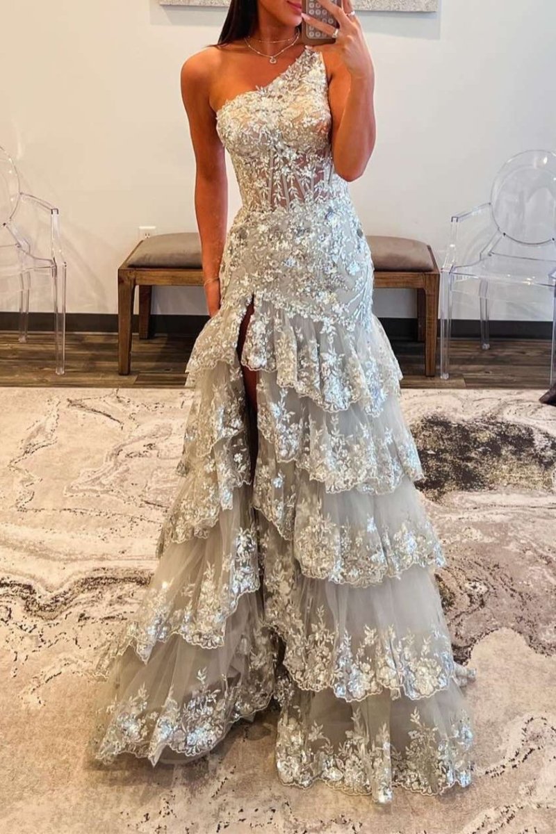 Andrea |Sheath One Shoulder Tiered Lace Long Prom Dress