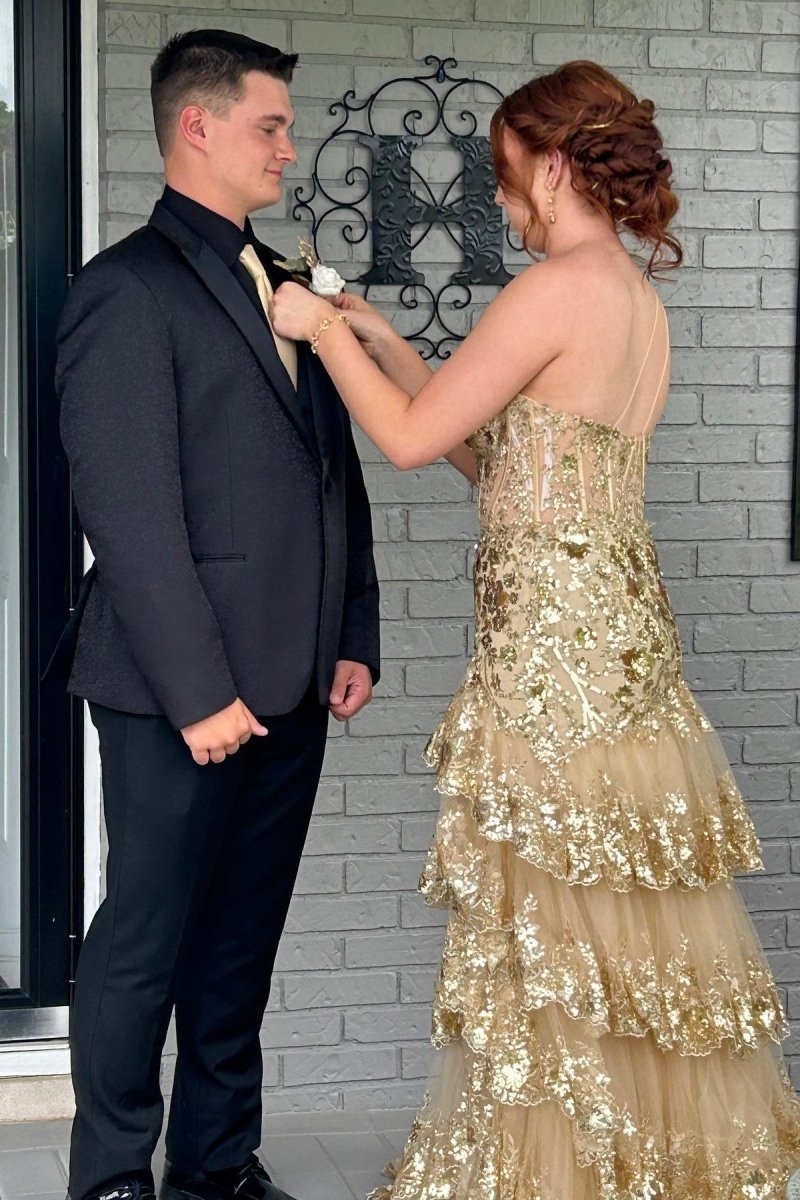 Andrea |Sheath One Shoulder Tiered Lace Long Prom Dress