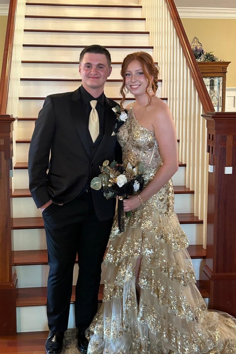 Andrea |Sheath One Shoulder Tiered Lace Long Prom Dress