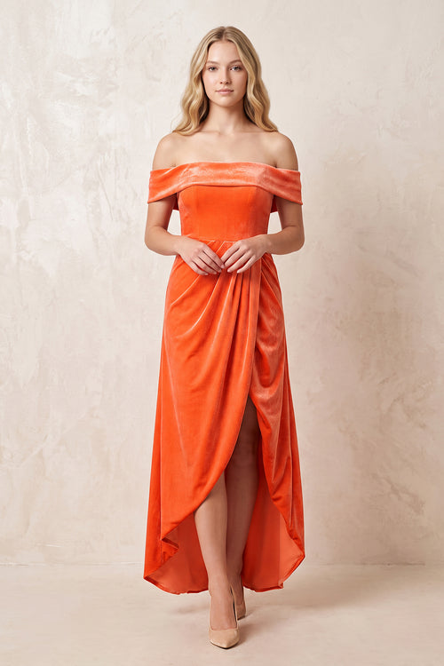 Orange Off-the-Shoulder Sheath Velvet Midi Bridesmaid Dress - KISSPROM