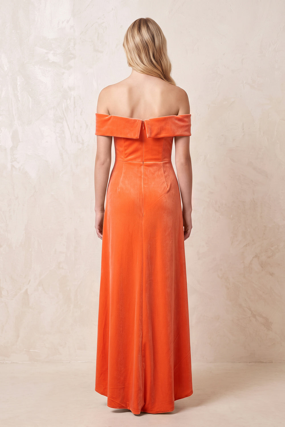 Orange Off-the-Shoulder Sheath Velvet Midi Bridesmaid Dress - KISSPROM