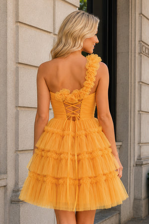 Princess Yellow One Shoulder Knotted Ruffle Short Party Dress - KissProm