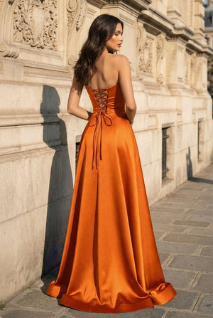 A Line Black Strapless Satin Prom Dresses With Slit - KissProm