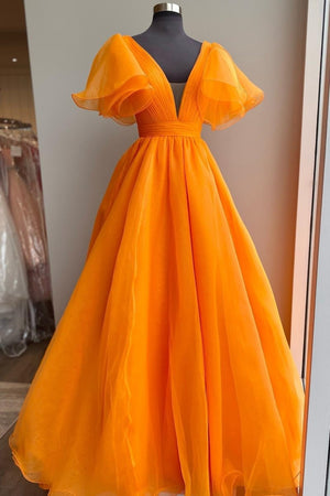 Orange Plunge V Ruffled Sleeve A-Line Long Formal Dress