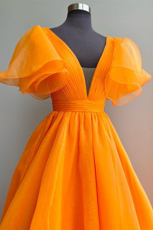Orange Plunge V Ruffled Sleeve A-Line Long Formal Dress
