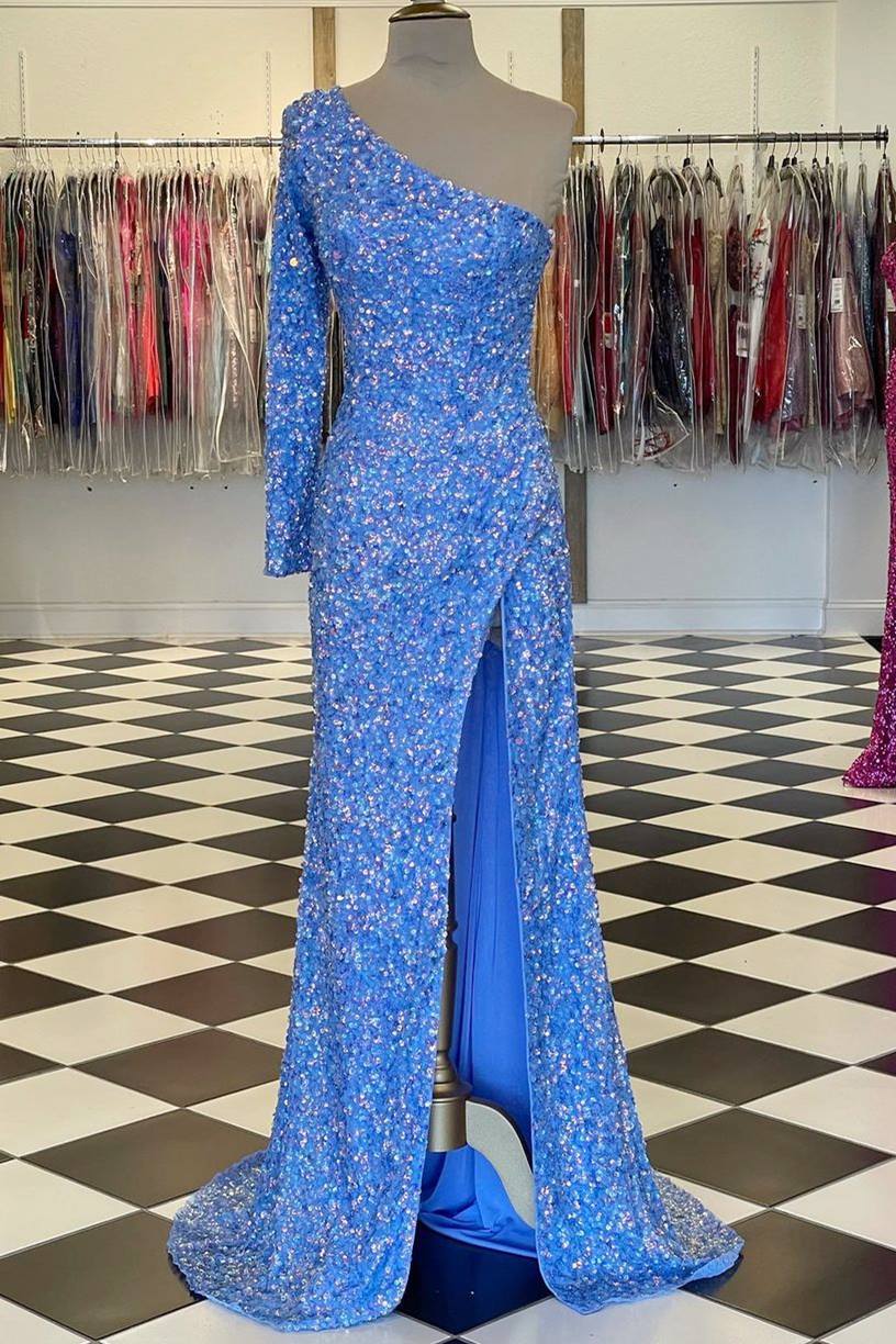 One-shoulder Long Sleeve Tiffany Blue Sequins Long Formal Dress