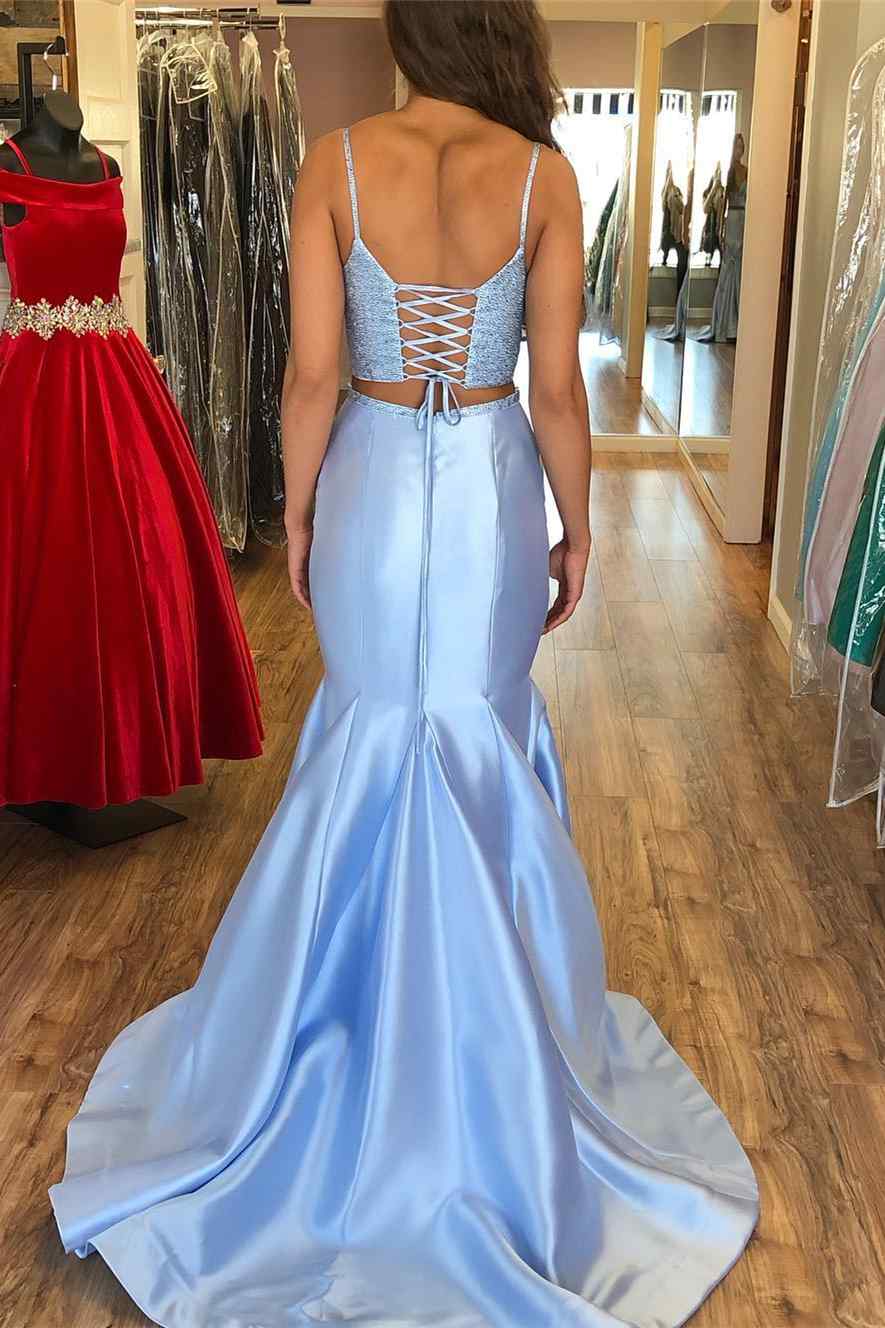 chinese dress ladies Two-Piece Glitter Light Blue Straps Trumpet Long Prom Dress