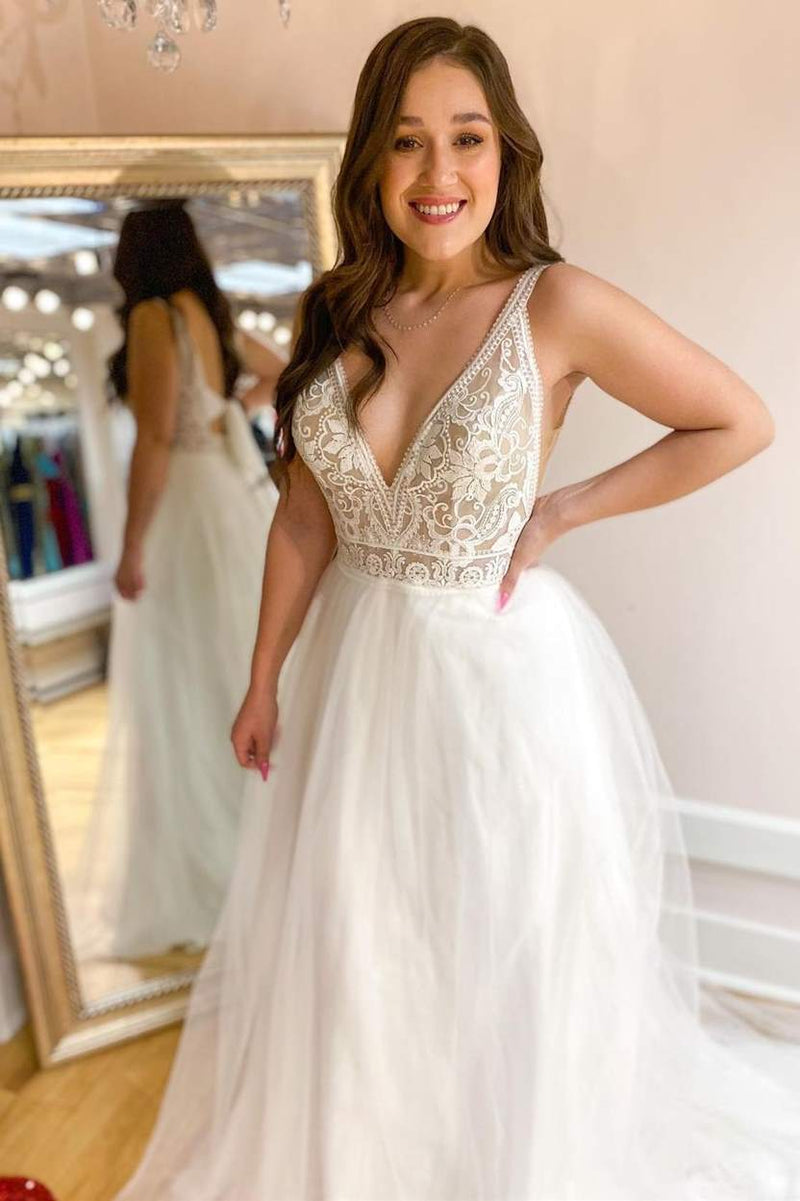 White Lace V-Neck A-Line Bridal Gown