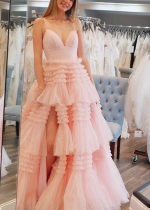 Amanda| A-Line Spaghetti Straps Long Tiered Tulle Prom Dress With Split