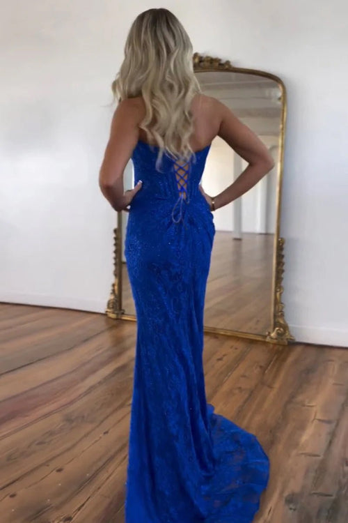 Lavender Strapless Lace Ruched Mermaid Prom Dress with Slit