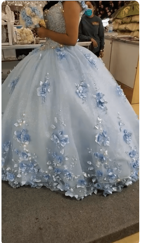 Sky Blue Long Dress 3D Applique Off Shoulder Ball Gown Quinceanera Dresses