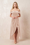 Pale Blush Off-the-Shoulder Sheath Velvet Midi Bridesmaid Dress - KISSPROM