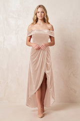 Pale Blush Off-the-Shoulder Sheath Velvet Midi Bridesmaid Dress - KISSPROM