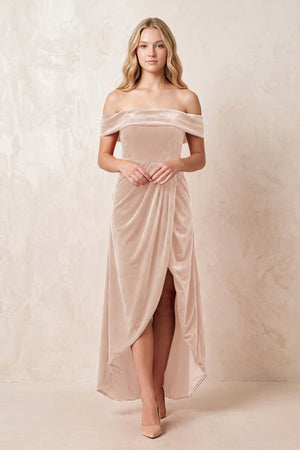 Pale Blush Off-the-Shoulder Sheath Velvet Midi Bridesmaid Dress - KISSPROM