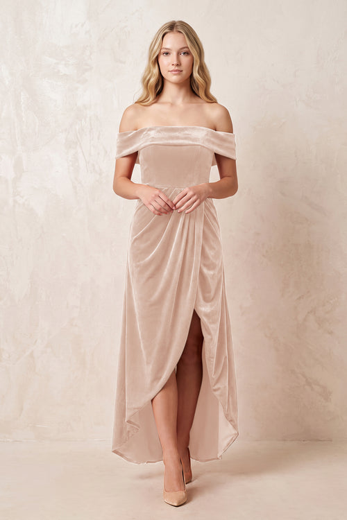 Pale Blush Off-the-Shoulder Sheath Velvet Midi Bridesmaid Dress - KISSPROM